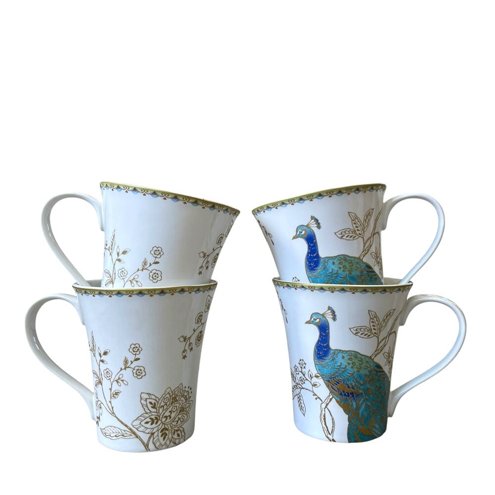222 Fifth Peacock Garden Porcelain Mug Set of 4 Teal Gold Floral Scroll NEW